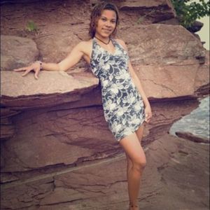 SMALL To Medium Fitting Black Gray White Tropical Floral Print Halter Sundress